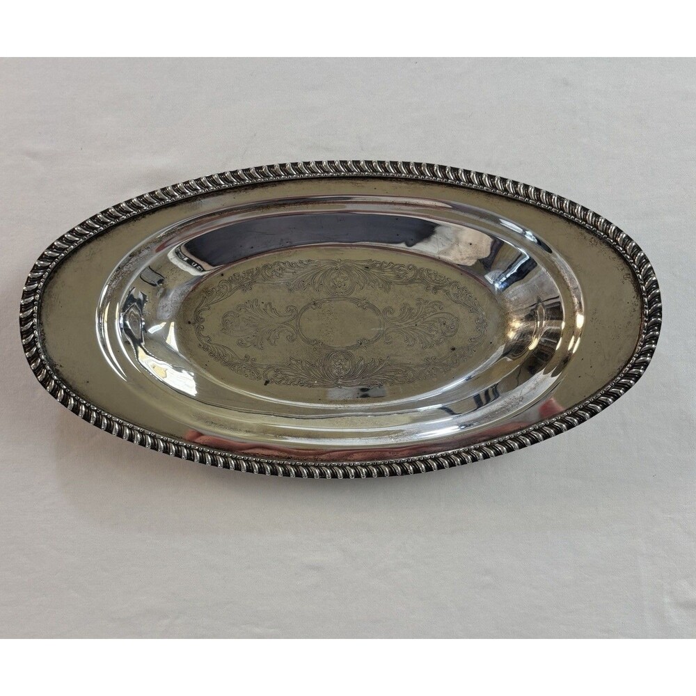 Vintage World Silver on Copper 13โ X 7โ Oblong Bread Tray, Braided Edge